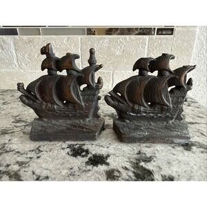 Vintage Cast Iron Sailing Ship Metal Bookends Nautical History